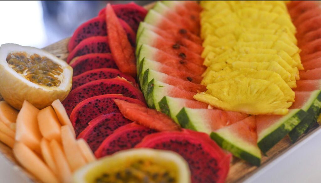 Tropical fruit platter served on board