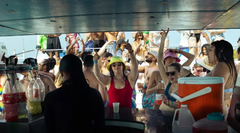 Guests celebrating in the covered area of the boat in Punta Cana