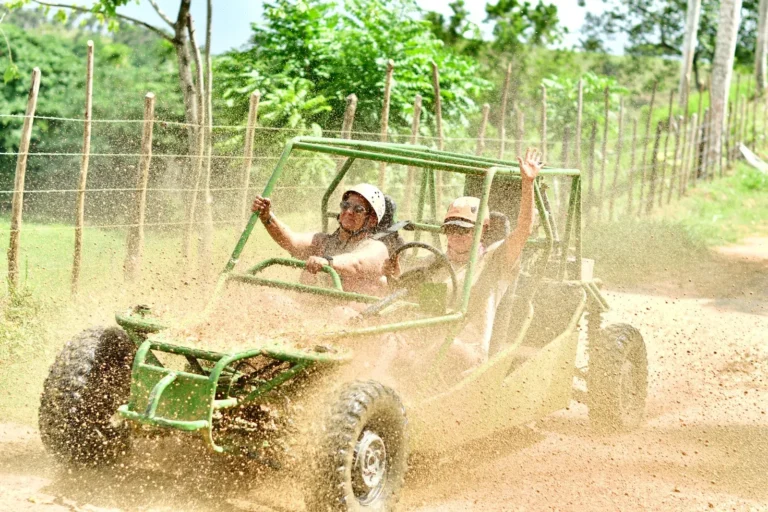 Buggy kicking up dust on a trail at La Hacienda Park
