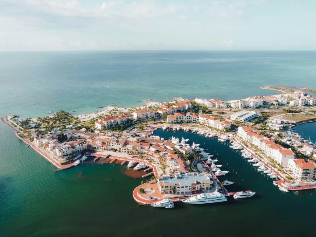 Aerial view of a marina with yachts on the Caribbean coast