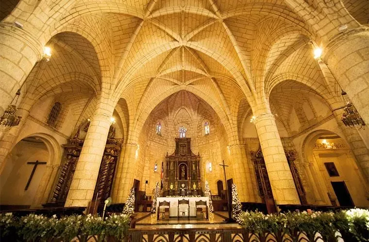 Interior of the Cathedral of Santo Domingo with stone columns and vaults