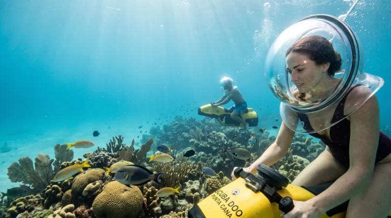Scuba Doo rider in a clear helmet over the reef in Punta Cana